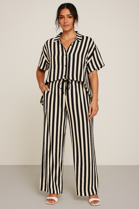'Bronte' Striped Half Sleeve Top and Pants Set - Celes Fashion
